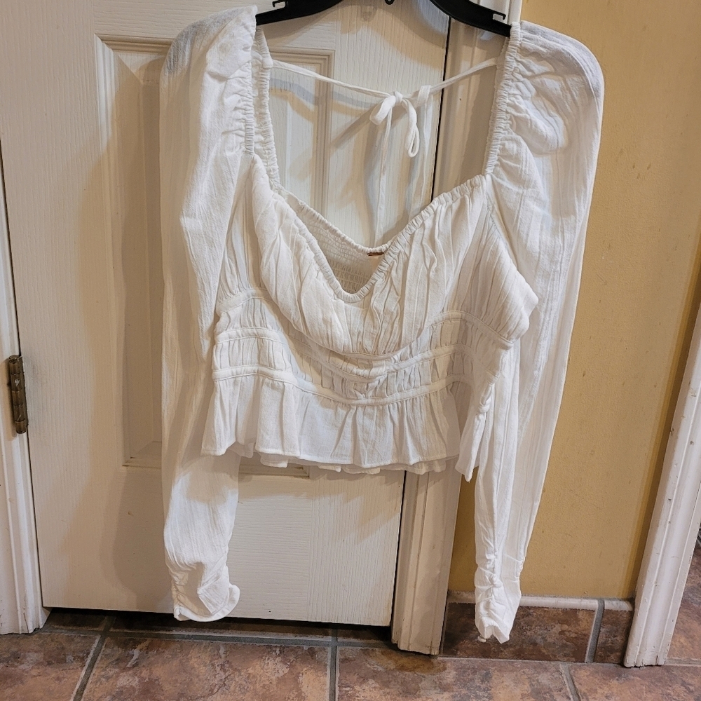 NWT Free People Chloe White Smocked Tie Neck Puff Sleeve Top M - Picture 7 of 16
